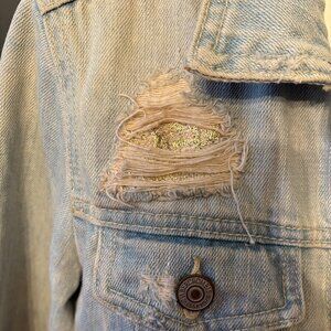 Abercrombie & Fitch Distressed Light Wash Jean Jacket  w Gold Sparkle Fabric  L